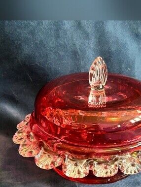 Rare Ruby Red Hand-Blown Cranberry Glass Covered Dish.